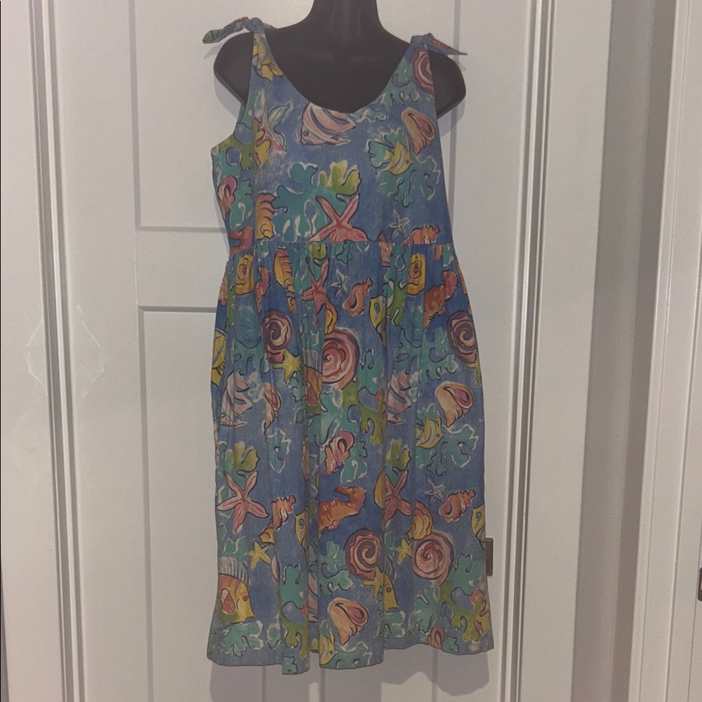 Blue Sea Life Print Sundress 100% Cotton Tie Shoulder Straps